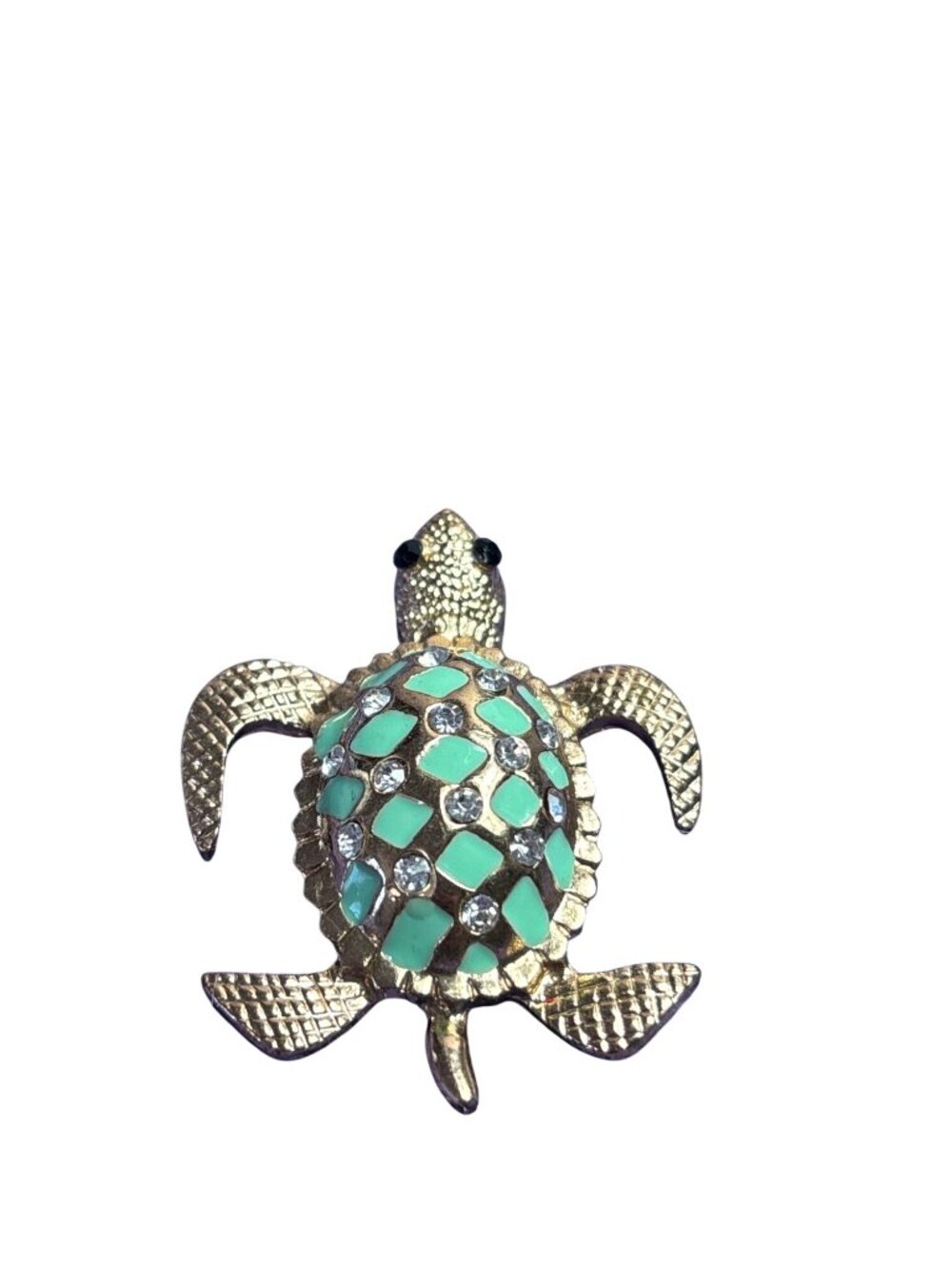 Goldtone Sea Turtle Pendant Mint Green Enamel Clear Rhinestones Black Eyes - Picture 2 of 3